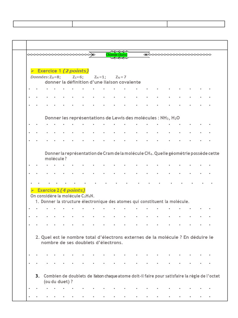 Contrôle de Physique-Chimie Tronc Commun | PDF | Liaison chimique ...