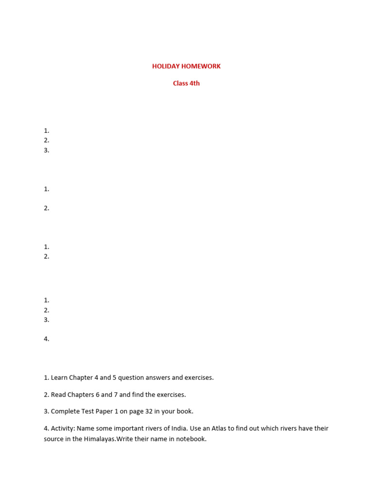 Class 4 Holiday Homework Guide | PDF