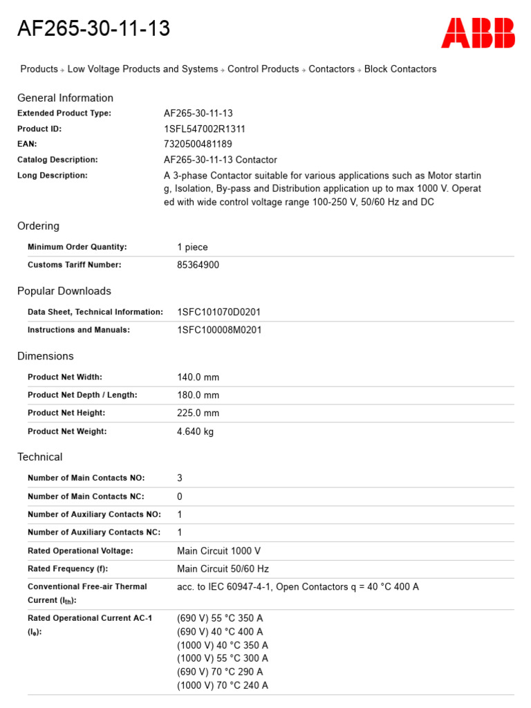 AF265-30-11-13 Contactor Overview | PDF | Equipment | Power (Physics)