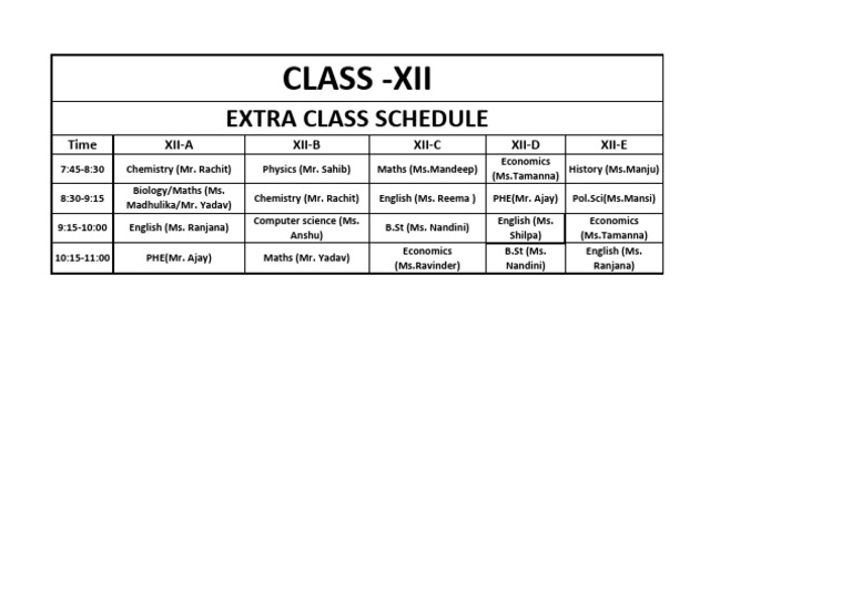 Class XII Extra Class Schedule | PDF