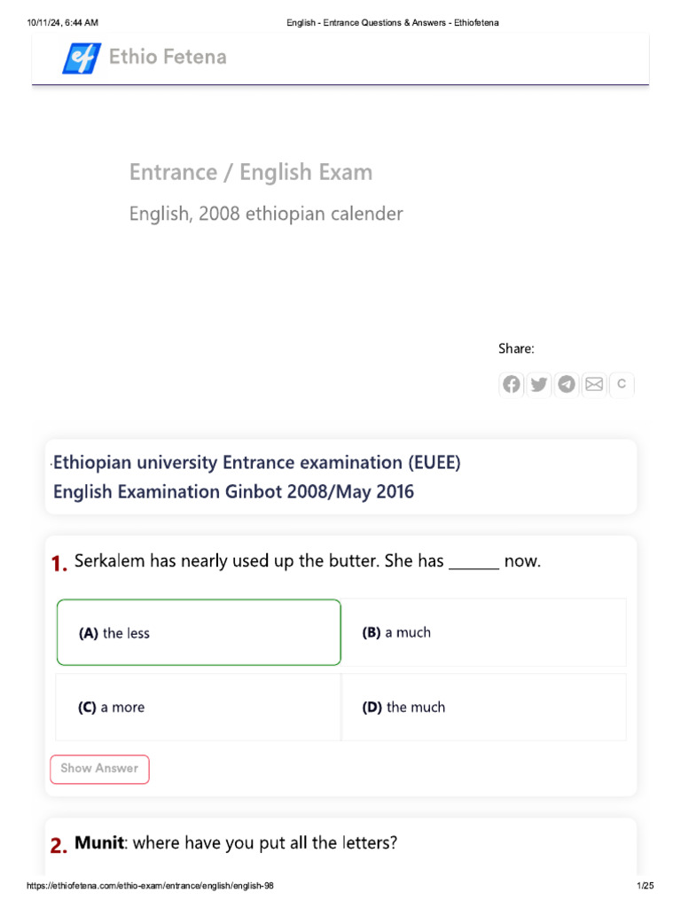 English - Entrance Questions & Answers - Ethiofetena Answer | PDF