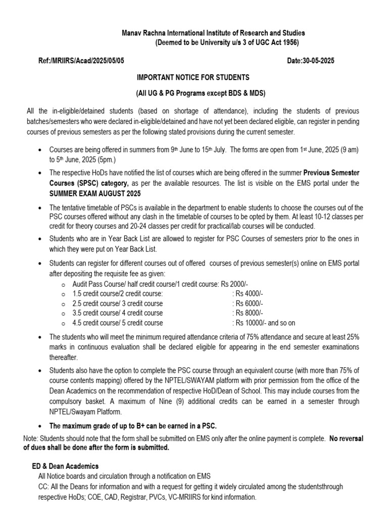 Summer Course Registration Notice 2025 | PDF | Educational Stages