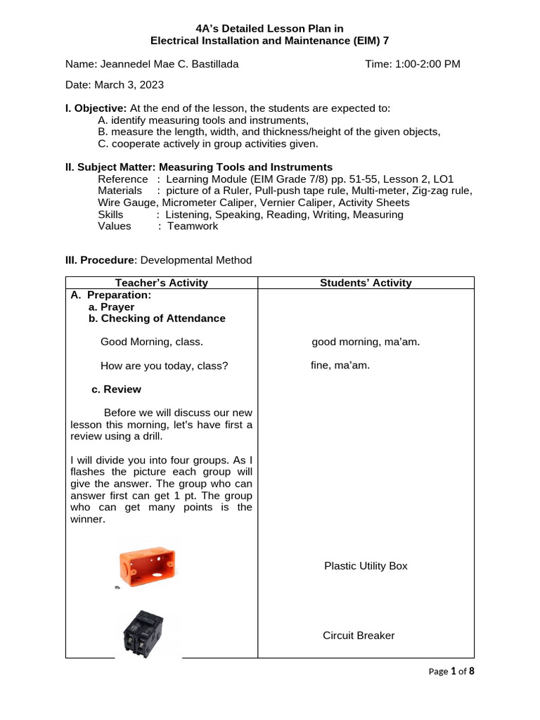 Lesson Plan GRADE 7&8 Measuring Tools and Instruments | PDF ...