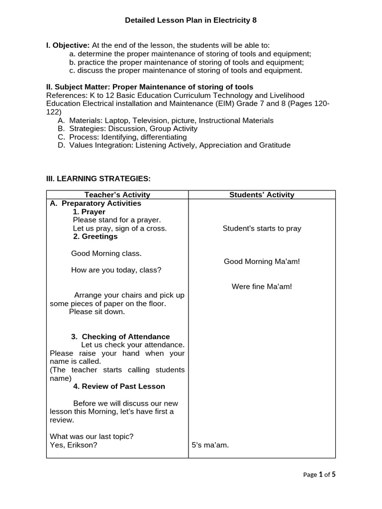 Lesson Plan: Tool Maintenance in Electricity | PDF | Lesson Plan | Learning