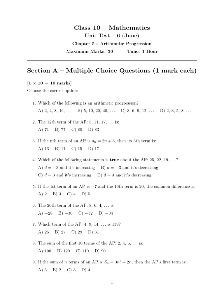 Grade 10 Arithmetic Progression Test | PDF | Mathematics