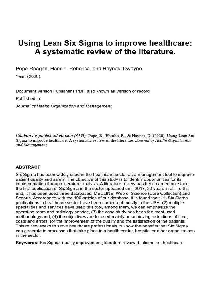 Lean Six Sigma in Healthcare Review | PDF | Six Sigma | Medicine