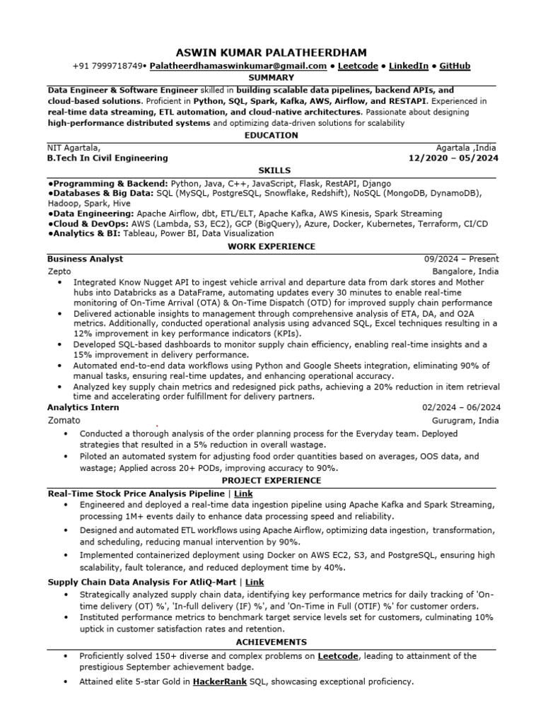 Aswin Kumar: Data Engineer Profile | PDF | Apache Spark | Information ...