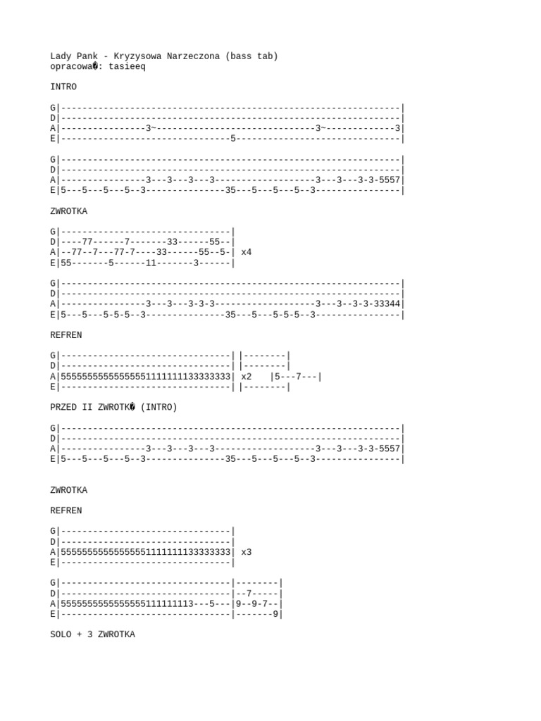 Lady Pank - Kryzysowa Narzeczona (Bass Tab) | PDF