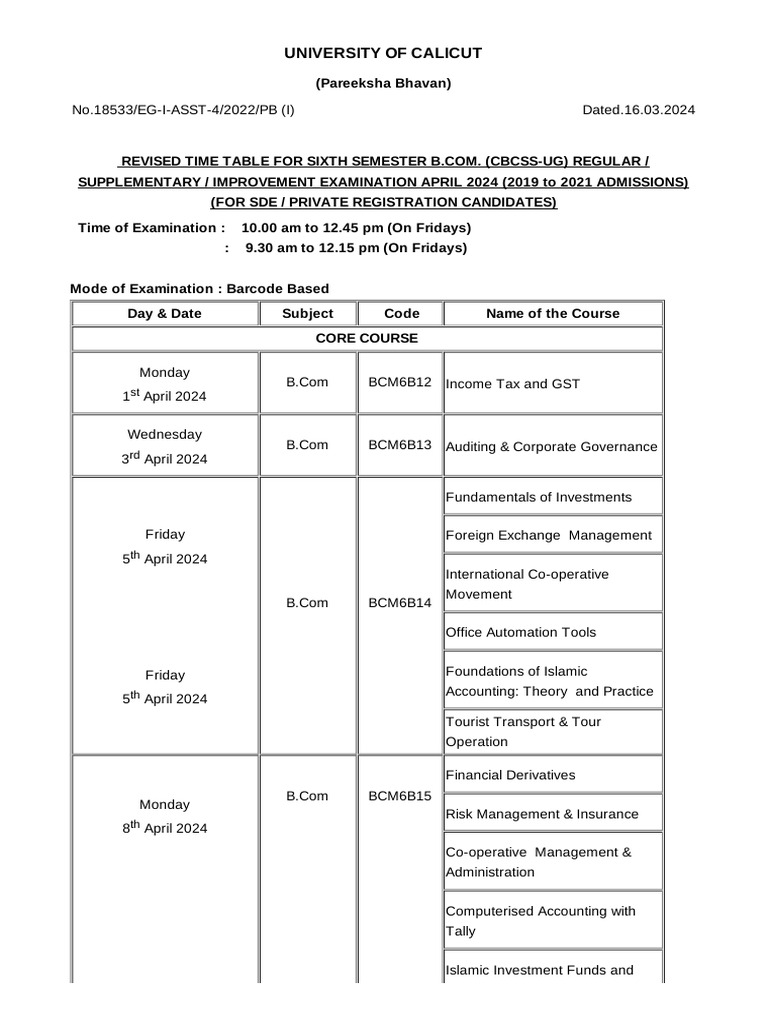 Revised Time Table For Sixth Semester B.com - (Cbcss-Ug) April 2024 ...