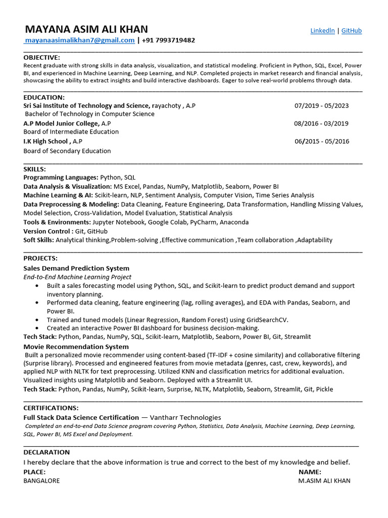 Data Analyst Resume of Mayana Khan | PDF | Machine Learning | Data