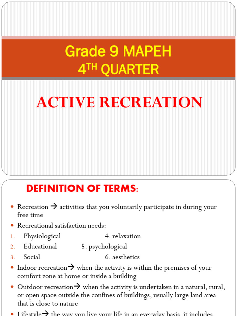 Active Recreation Guide for Grade 9 MAPEH | PDF | Physical Fitness ...