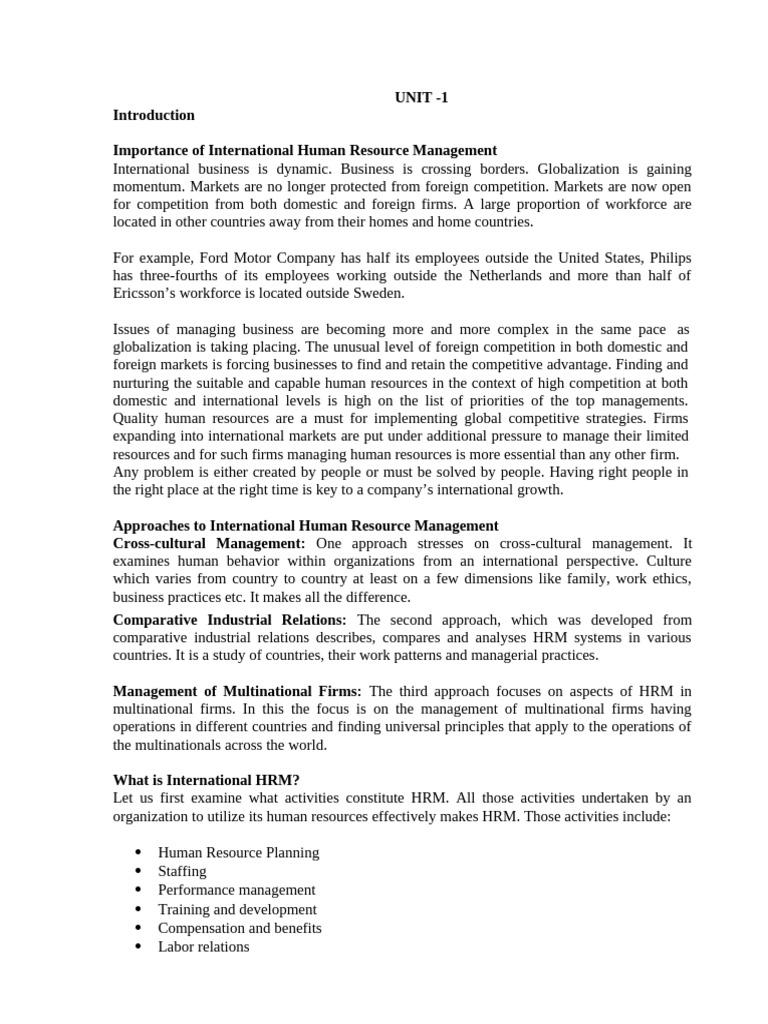 IHRM-Unit 1 | PDF | Human Resource Management | Employment