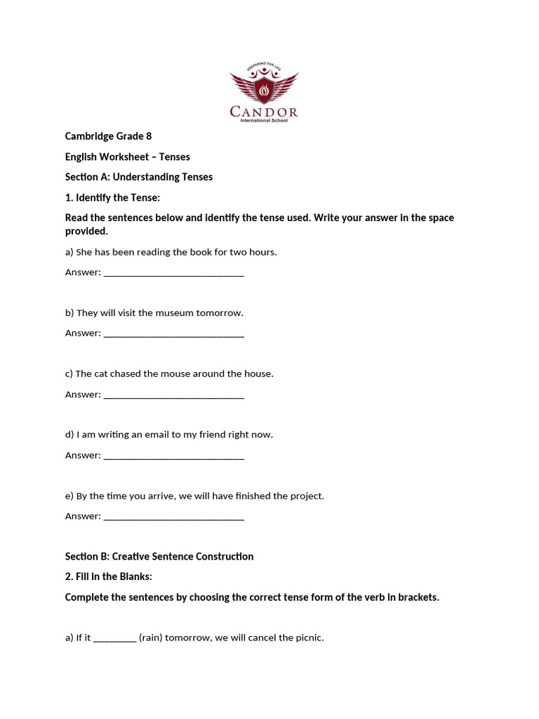 Grade 8 English Tenses Worksheet | PDF