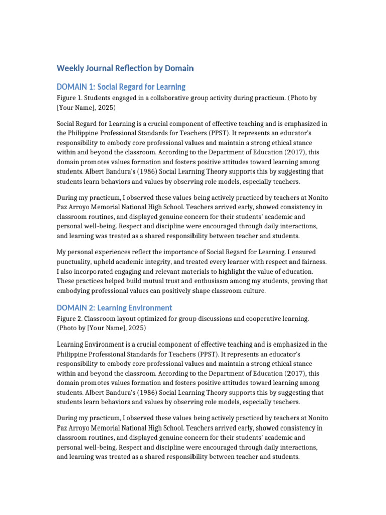 Weekly Journal Reflection on Teaching Domains | PDF | Teachers | Learning