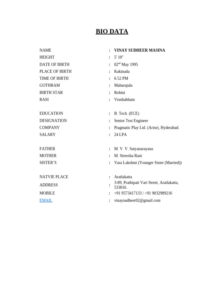 Vinay Sudheer Masina's Bio Data | PDF
