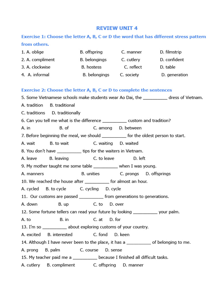 1.1. Review Unit 4 - E8u4 | PDF | Jeans | Trousers