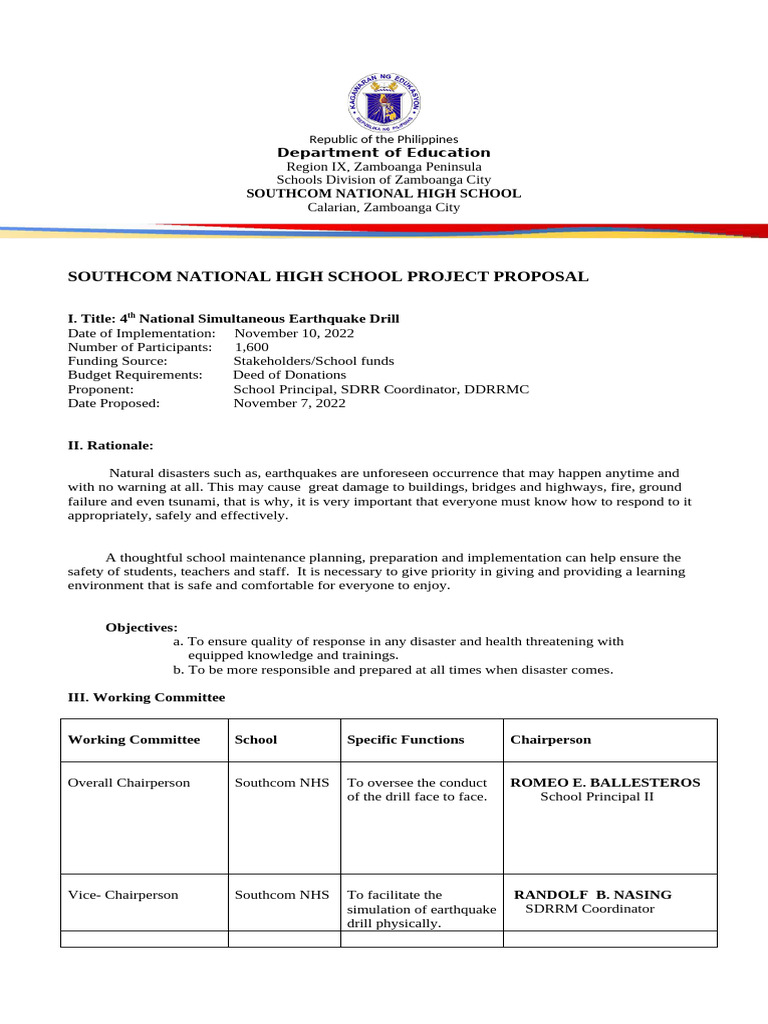 Southcom High School Earthquake Drill Proposal | PDF | Emergency ...