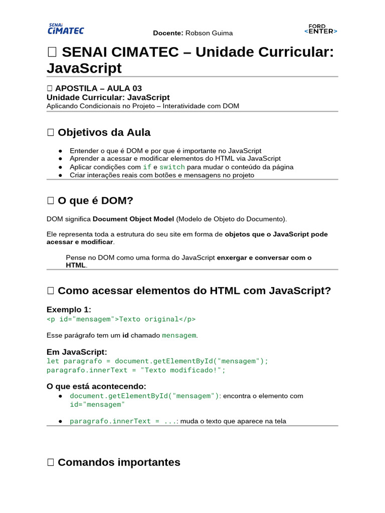 Condicionais em JavaScript e DOM | PDF | Modelo de Documento por ...