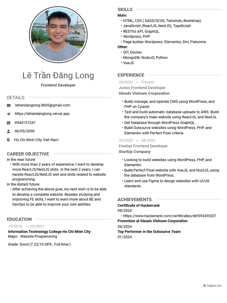 Lê Trần Đăng Long - Junior Frontend Dev | PDF | Word Press | Free Software