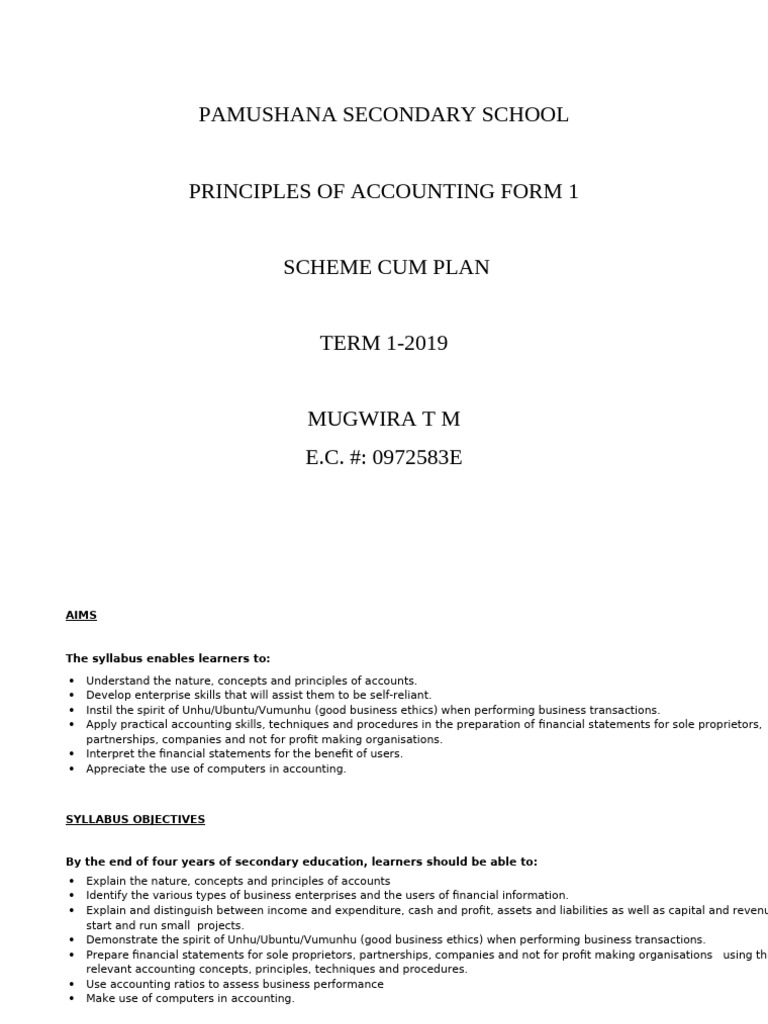 Accounting Principles for Form 1 Students | PDF | Educational ...