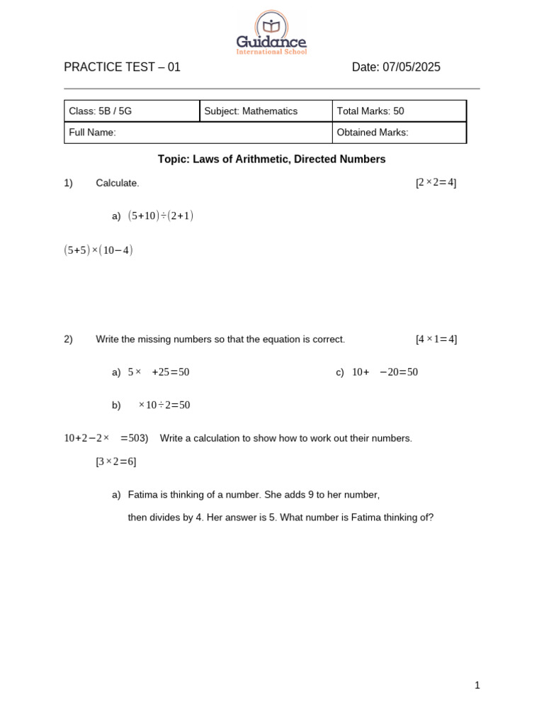 WS - 5MTH - Practice Test 01 - LOA, DN, NL | PDF | Numbers | Mathematics