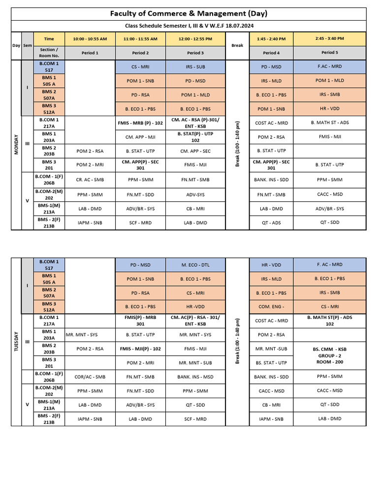 Class Schedule For Odd Sem | PDF