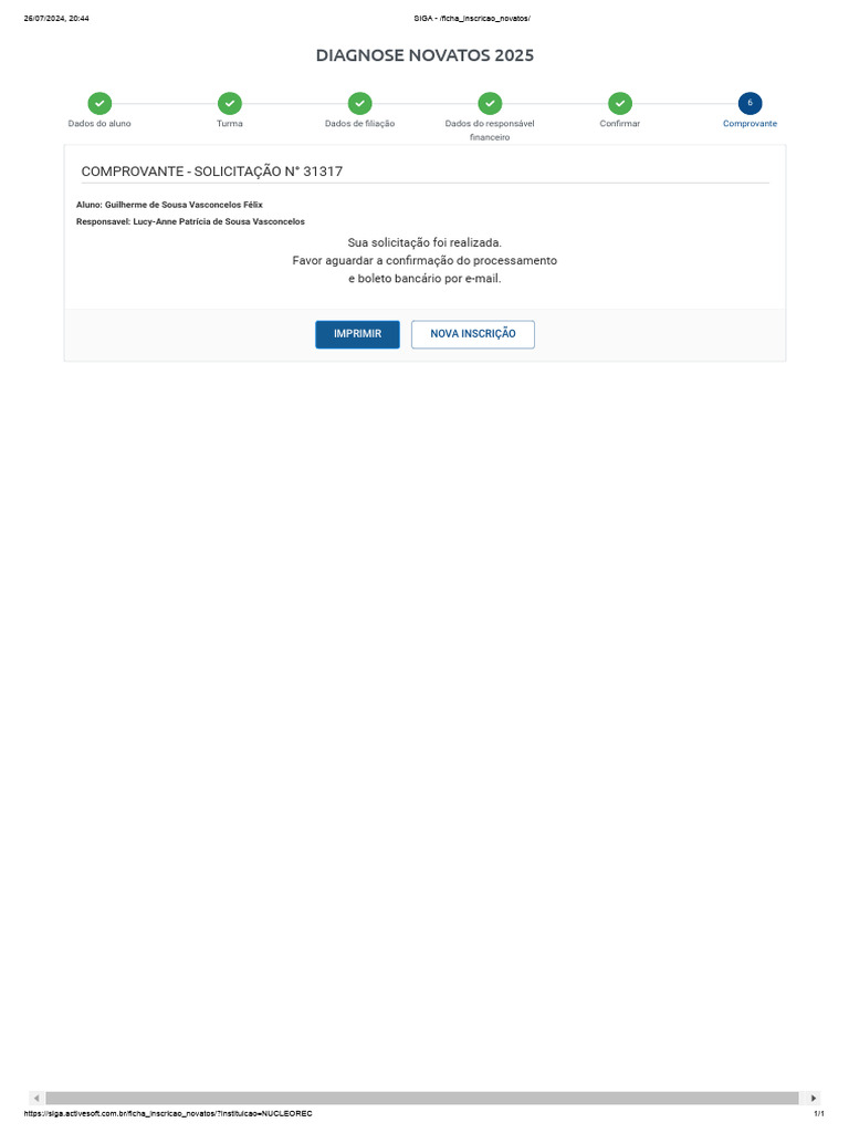 Comprovante de Inscrição Novatos 2025 | PDF