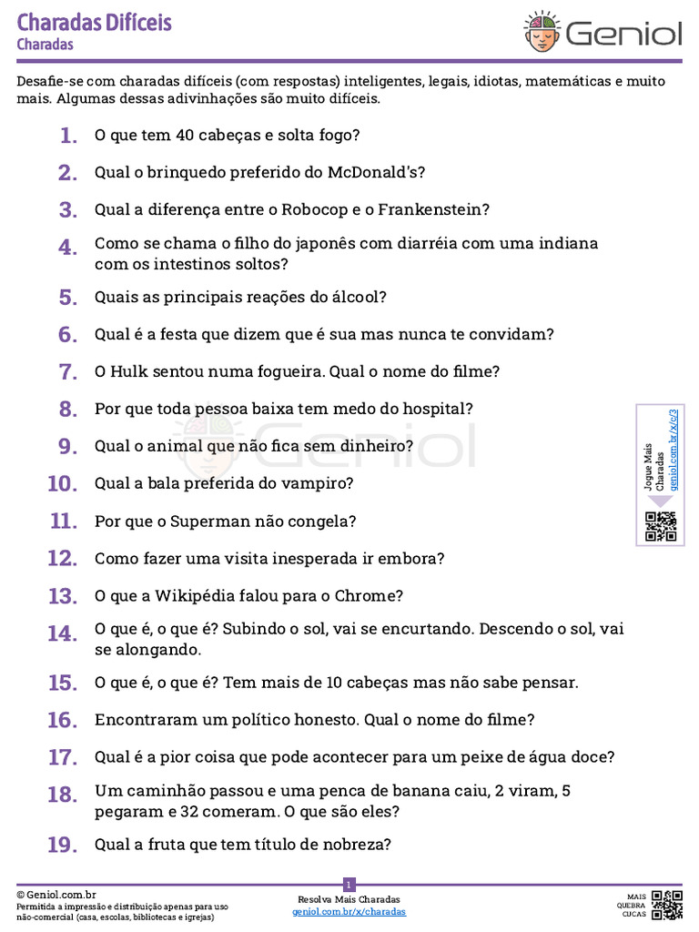 Charadas Difíceis e Engraçadas | PDF