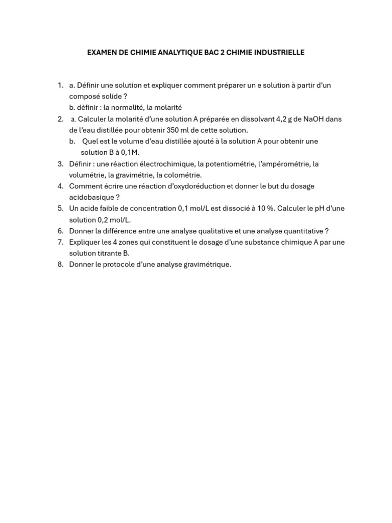 Examen de Chimie Analytique Bac 2 | PDF