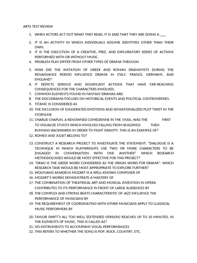 Arts Test Review: Drama, Music, Photography | PDF | Camera | Performing ...