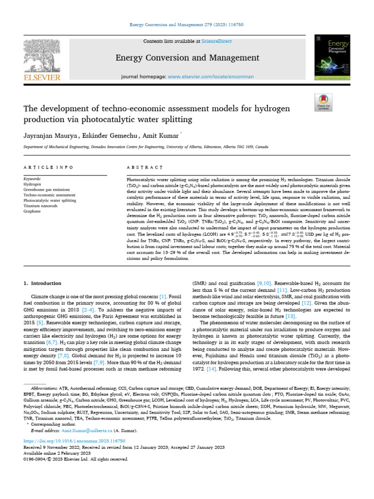Techno-Economic Assessment of Hydrogen Production | PDF | Climate ...