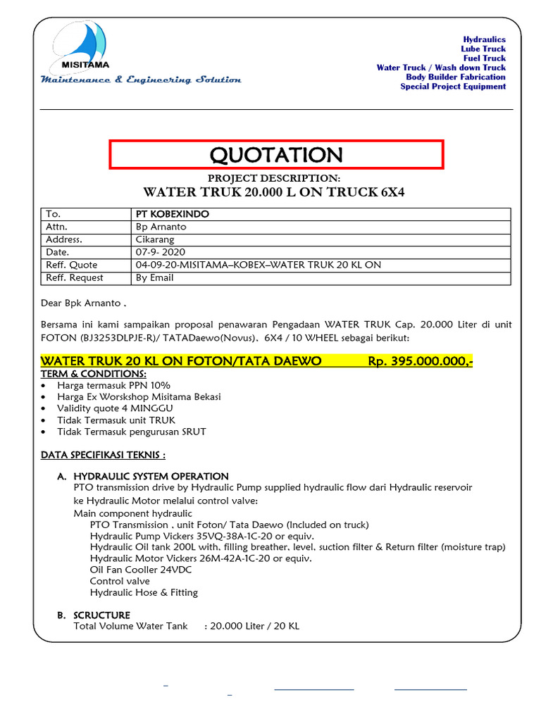 Water Truck Proposal for PT Kobexindo | PDF | Pump | Hydraulics