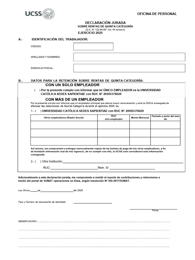 Declaración Jurada de Rentas 2025 UCSS | PDF