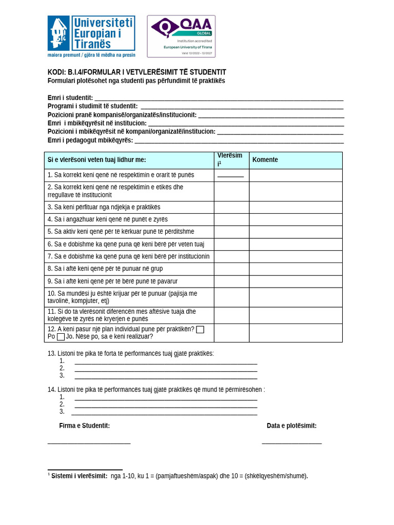 B-I-4 Formulari I Vetvleresimit Te Praktikes (Nga Studenti) | PDF