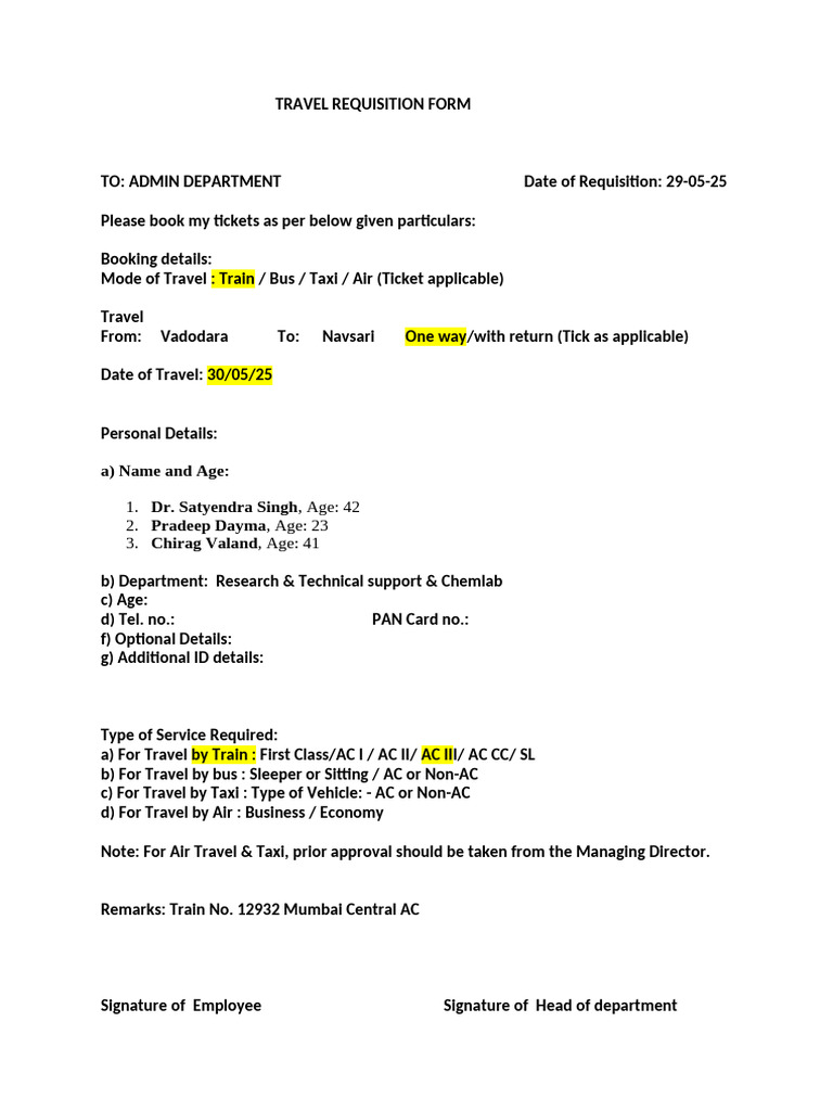 Travel Requisition Form Template | PDF