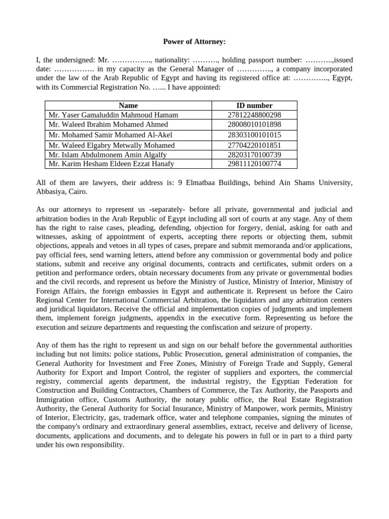 POA From Company's Manager To ELF (English Translation) | PDF | Lawyer ...
