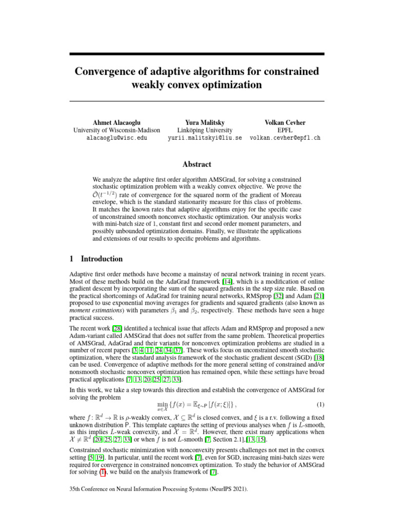 NeurIPS 2021 Convergence of Adaptive Algorithms For Constrained Weakly ...