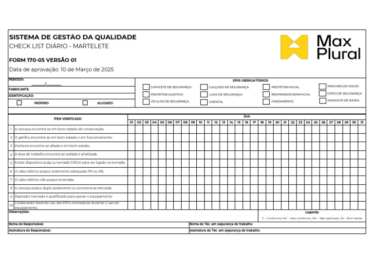 (Form 170-05) Form 170-05 - Check List Diário - Martelete | PDF