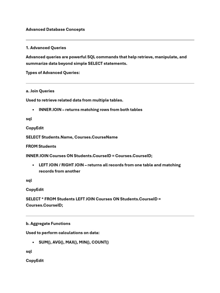 Advanced Database Concepts Explained | PDF | Databases | Sql