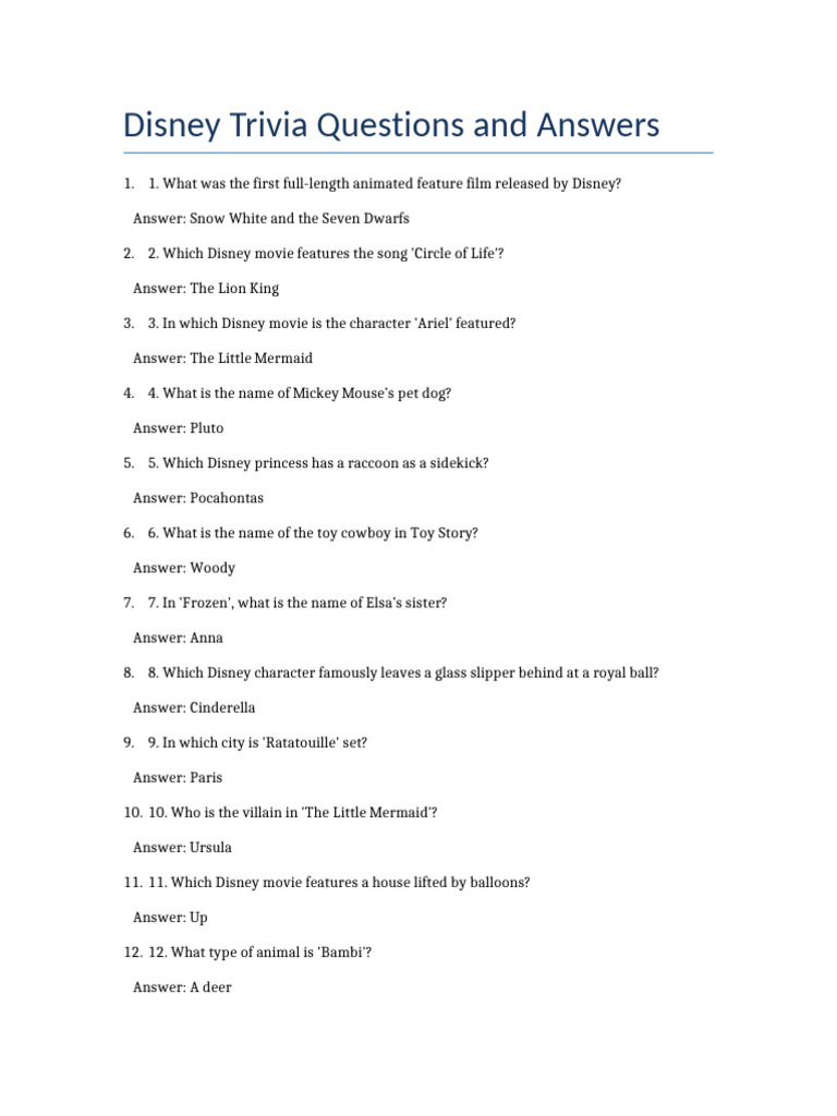 Disney Trivia Questions & Answers | PDF