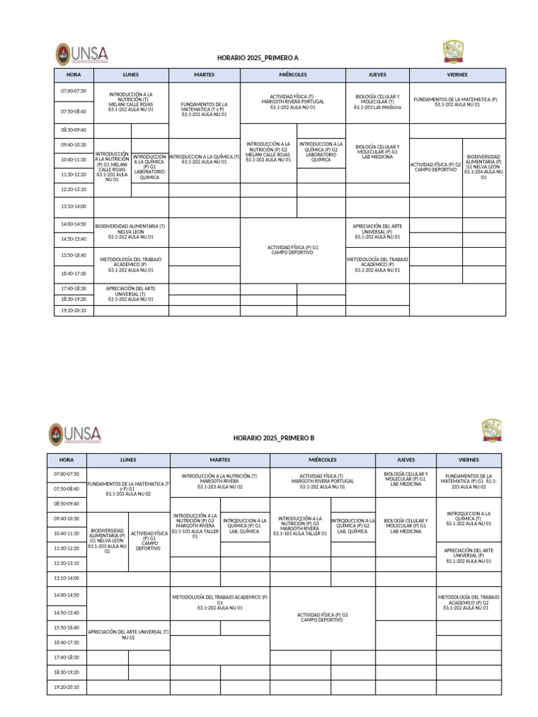 Horarios 2025 para Primeros y Terceros | PDF | Ciencias de la vida ...