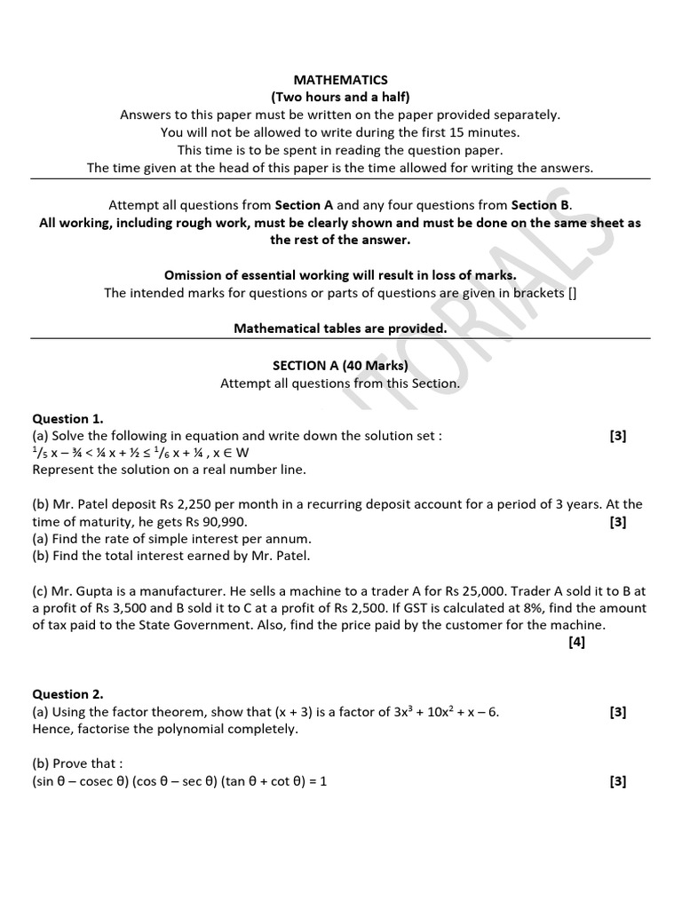 Mathematics Exam Paper with Solutions | PDF | Mathematics | Equations