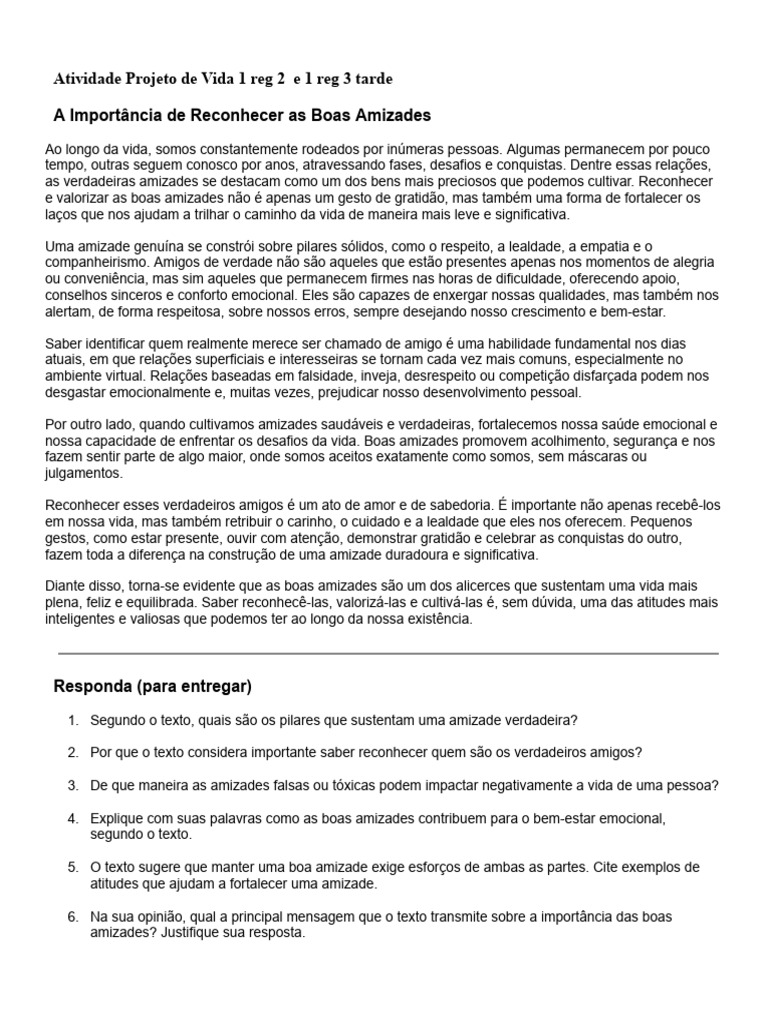 Projeto de Vida 1 Ano | PDF | Amizade | Vida