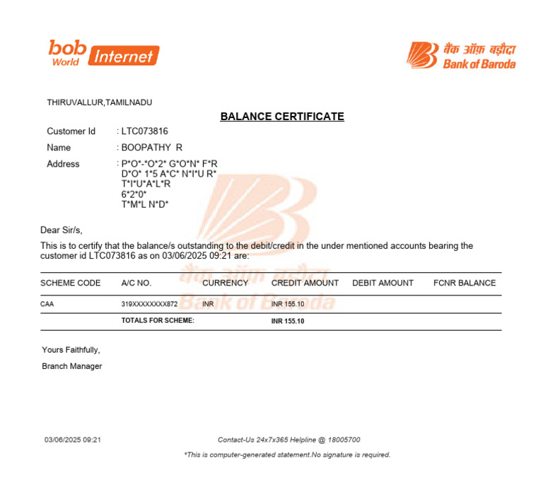 Balance Certificate: Thiruvallur, Tamilnadu | PDF