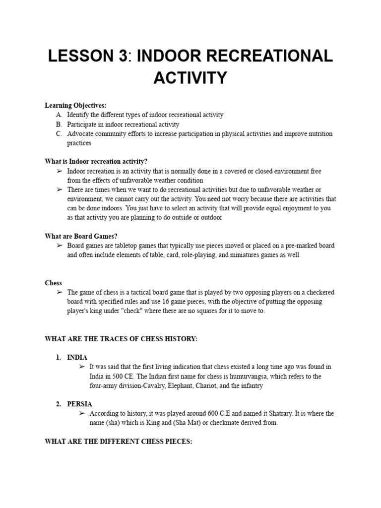 Lesson 3 - Indoor Recreational Activity | PDF | Chess | Competitive Games
