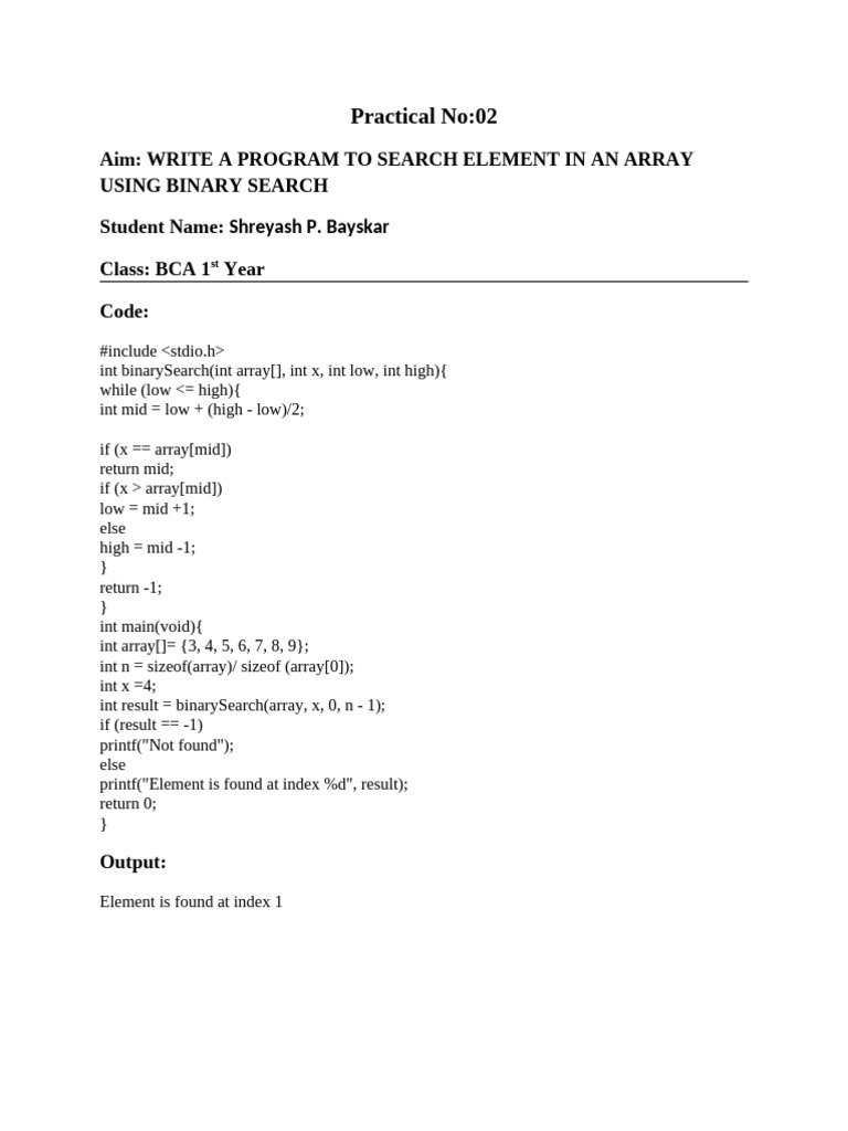 Binary Search Program in C | PDF