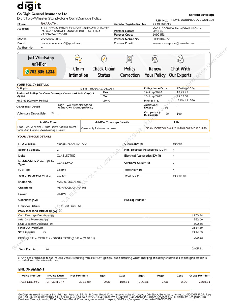 D148445010 Own Damage Policy 1 | PDF | Insurance | Liability Insurance