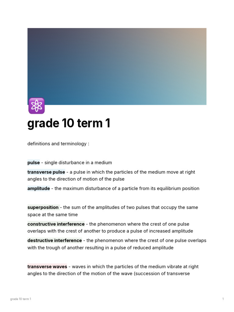 Science Notes Grade 10 Term 1 Pdf Waves Wavelength