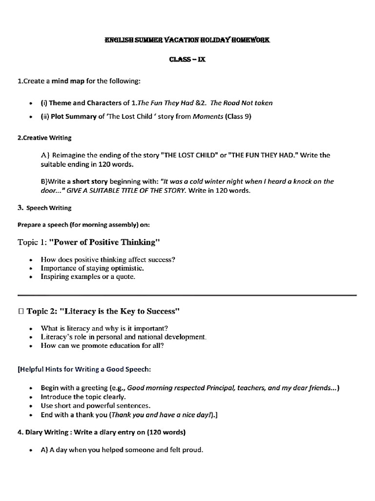 English Holiday Home Work Class 9 | PDF