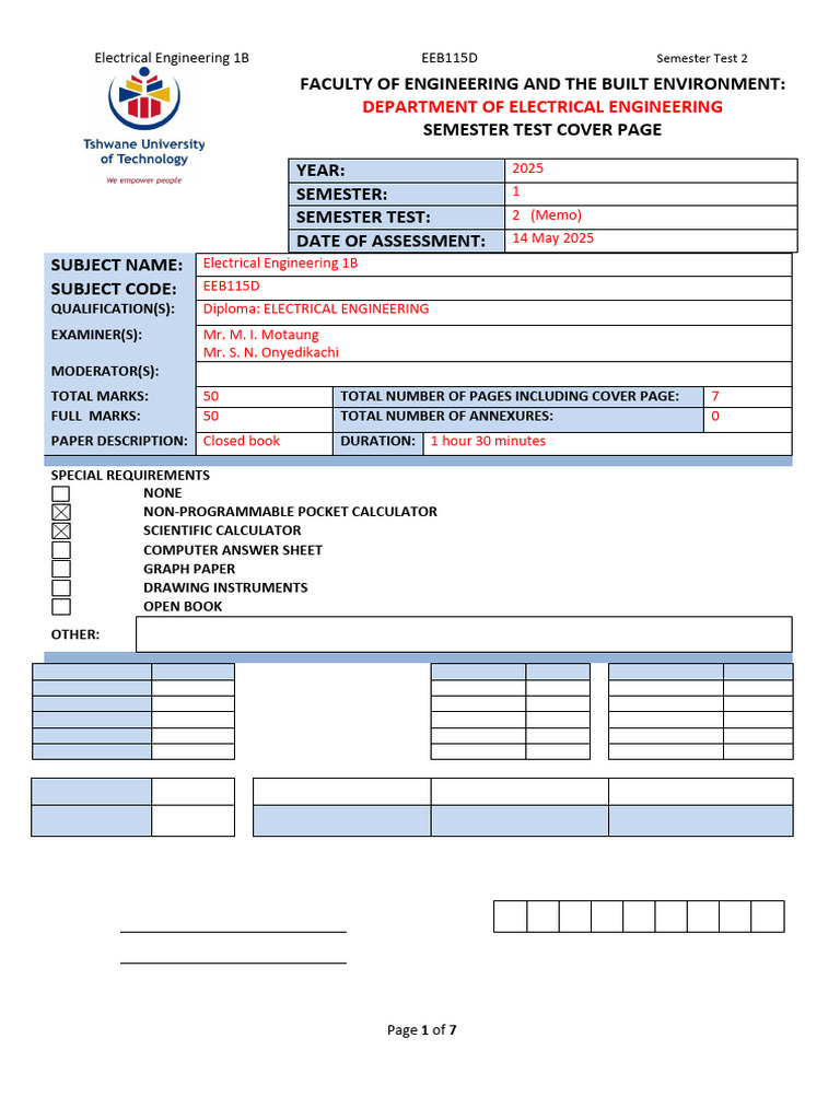 Electrical Engineering 1B Semester Test 2 | PDF | Electrical ...